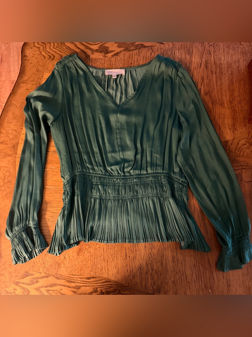 Philosophy Emerald Green Pleated V-Neck Long Sleeve Blouse